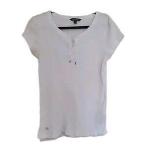 Lauren Ralph Lauren Womens Top Cotton Ribbed Tee Lace Up Neck White Size L